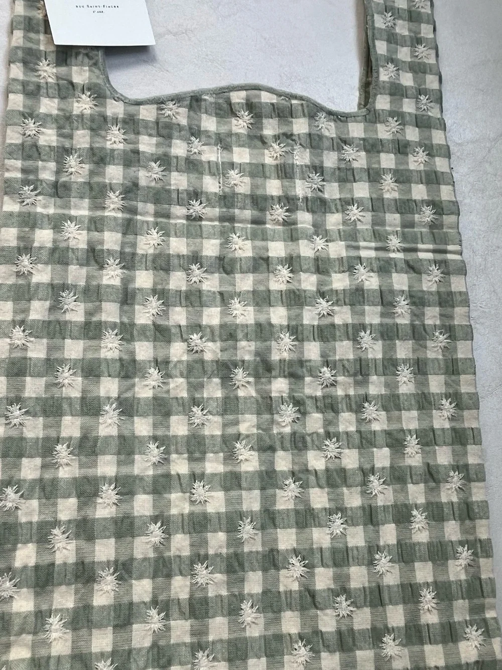 NWT Sezane Sage Green and White Gingham Embroidered Tote